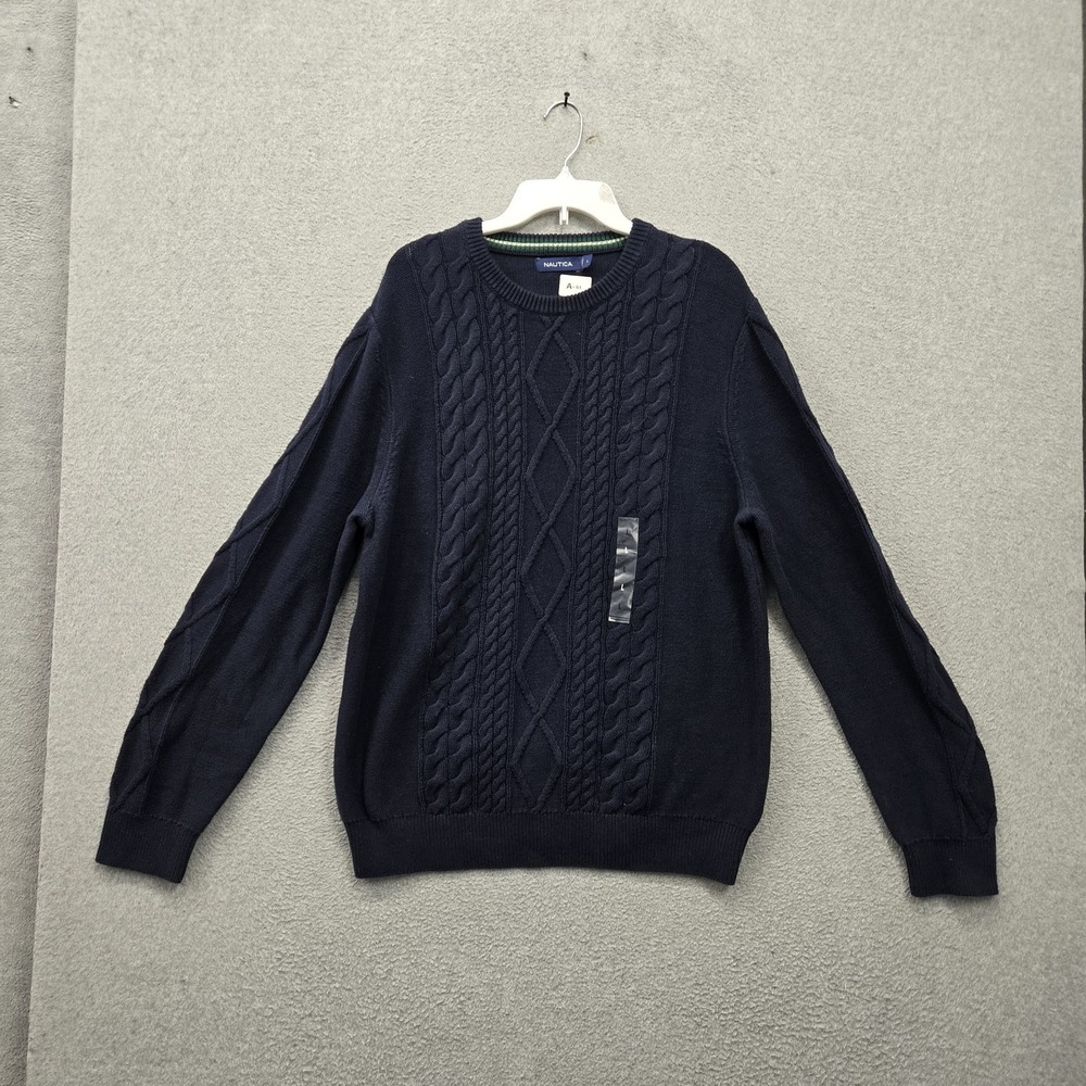 Nautica Men Sweater L Navy Blue Cable Knit Fisherman Preppy NWT